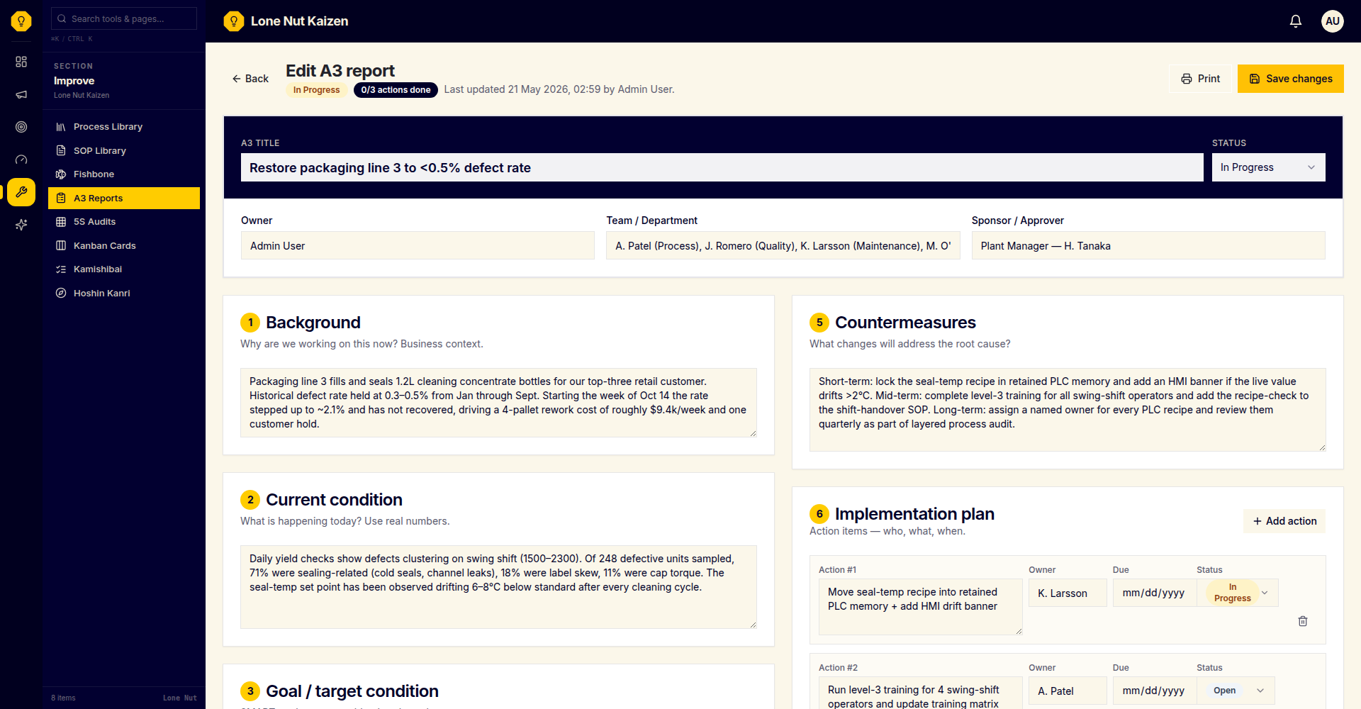 A3 Problem-Solving Reports screenshot showing the actual tool interface.