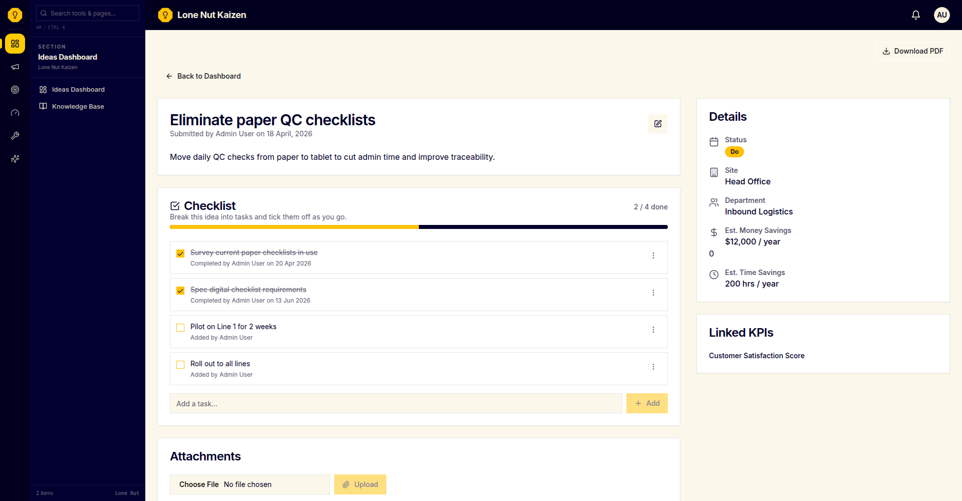An idea detail view showing a task checklist, completion history and separate PDCA status.