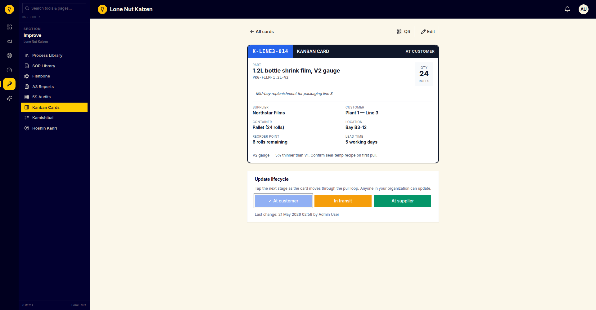 Kanban Replenishment Cards screenshot showing the actual tool interface.